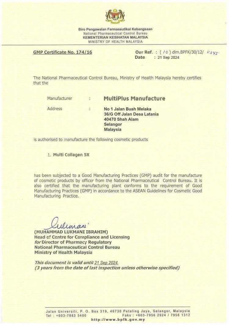 GMP Certificate - Malaysia Ministry of Health